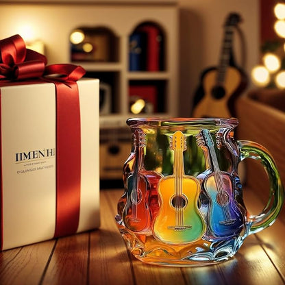 3D Guitar Art Glass Coffee Mug 12 oz – Colorful Handcrafted Cup for Coffee, Tea, Milk – Music Lover Gift – Artistic Glass Mug for Men & Women – Unique Home Décor