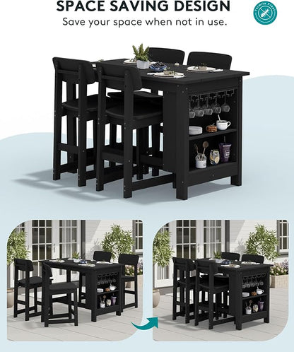 SERWALL Outdoor Bar Table, All Weather HDPE 36" Counter Height Dining Table with Storage and Wine Rack for Patio, Garden, Backyard, Balcony, Poolside, Black