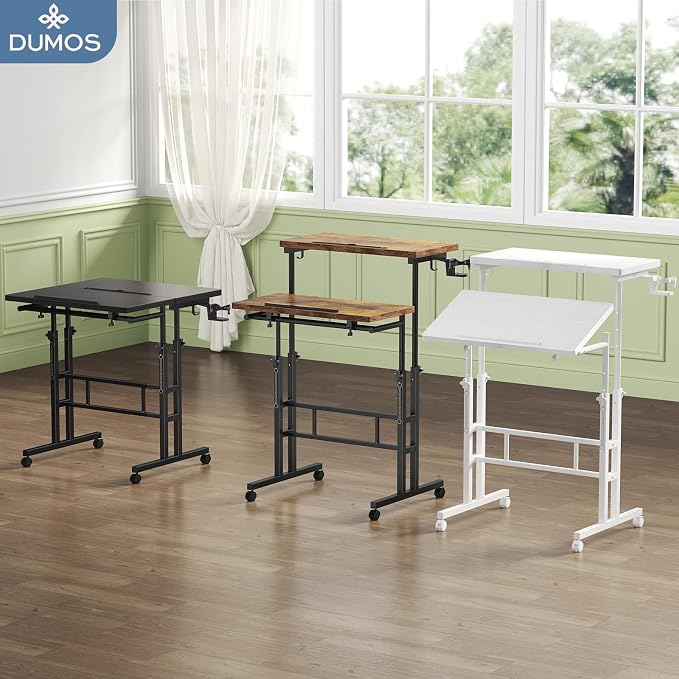 DUMOS Rolling Standing Desk, Sit Stand Desk, Computer Cart | 23.6 Inch Width, Height Adjustable, Split Top, Mobile Laptop Workstation, Office Table, Portable Design, Rustic Brown