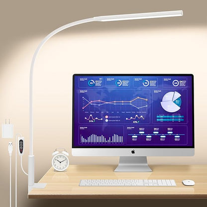 Desk Lamp with Clamp, Stepless Dimming Desk Lamps for Home Office Adjustable Desk Light Eye Caring Desk Lamp Office Lamp with USB Adapter for Working Drawing Sewing (White)