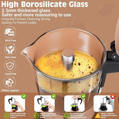6 Cup 300ml Glass Moka Pot, Stovetop Espresso Maker, Black | Crystal Glass-top & Stainless Steel Coffee Maker, Induction Compatible, for Greca de Cafe, Cuban and Italian Coffee Brewing