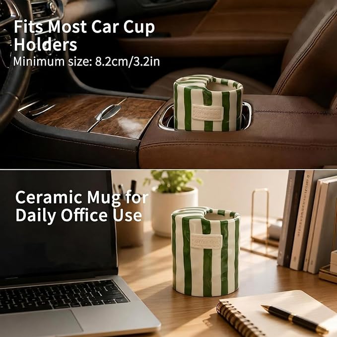 Ceramic Coffee Mug with Lid, Ceramic Travel Mug with Straw Hole, 12oz Retro Striped To Go Coffee Mug for Hot & Cold Drinks, Microwave & Dishwasher Safe，Green