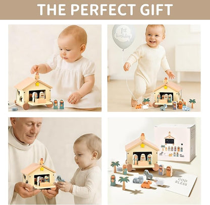 Wooden Nativity Set Montessori Toys for 1 Year Old - Baptism Gifts for Boys Girls - Religious Christening Gift - Bible Toys for Toddlers 1-3 House on Wheels Shape Sorter
