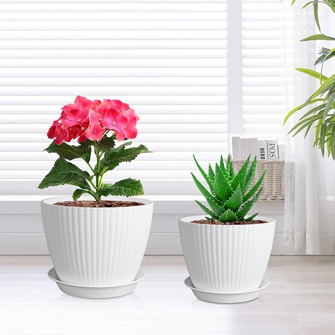 7/6.2/5.5/5/4.5/4 inch Plant Pots, 6 Pack Flower Pots for Small Indoor Outdoor Plants, Plastic Planters with Drainage Holes and Saucers for Garden Succulent House Plants, White