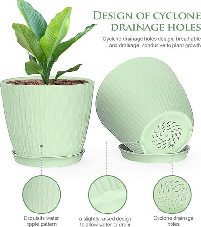 6 inch Plant Pots, 5 Pack Flower Pots with Drainage Holes and Saucers for Indoor Plants, Plastic Planters with Water Ripple for Small Garden House Plants, Nursery Pots for Succulent, Green