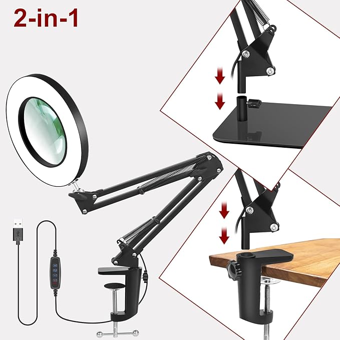 12X Magnifying Glass with Light and Stand,5 Inches 2-in-1 Lighted Magnifier with Clamp 5 Color Modes LED Desk Lamp,Hands Free for Craft Hobby Reading Painting Sewing Close Work (5 Inches)