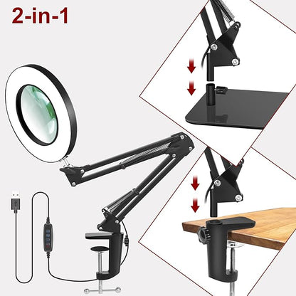 12X Magnifying Glass with Light and Stand,5 Inches 2-in-1 Lighted Magnifier with Clamp 5 Color Modes LED Desk Lamp,Hands Free for Craft Hobby Reading Painting Sewing Close Work (5 Inches)