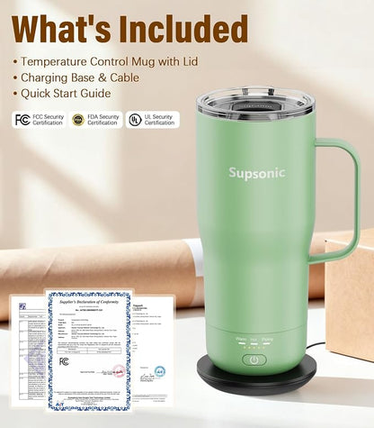 Supsonic Heated Coffee Mug Rechargeable, 20oz Long-Lasting Battery (S3) | Dry-burn protection, 2Hr auto-off, 3-Temp settings, Constant temperature, Inner stainless steel, Warm gift for men women