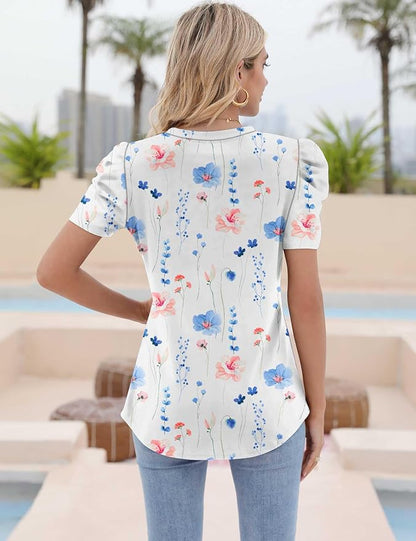 Ivicoer Puff Short Sleeve Shirt for Women Eyelet Tops Summer Crewneck Blouse Loose Fit S-XXL