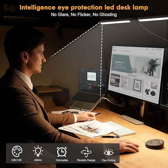 Led Desk Lamp for Office Home - 2 Pack Eye Caring Architect lamp with Clamp,Dual Screen Computer Monitor Gooseneck Smart Light: 24W 5 Color Flexible Adjustable Lighting Table Lamp for Study