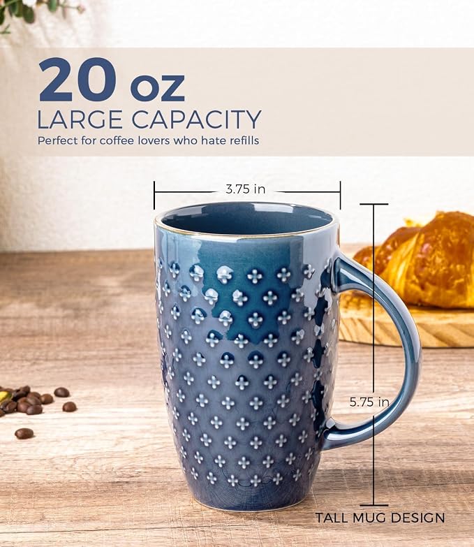AmorArc Large Coffee Mugs Set of 4, 20oz Tall Coffee Mugs Set | with Texture Patterns for Cappuccino, Latte,Hot Cocoa, Dishwasher & Microwave Safe-Moonlight Blue