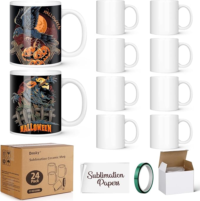 Dmsky Sublimation Mugs White Ceramic Photo Cups Blank Bulk Coffee for Crafts Tazas para Sublimar 11 oz Cups with Box, Heat Tape, Sublimation Paper Ideal for Printing Mug Set of 24
