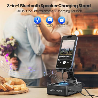 JTEMAN Cell Phone Stand with Bluetooth Speaker and Charging Function, HD Sound Adjustable Phone Holder, Birthday Gifts for Men Women, Cool Tech Kitchen Gadgets for All Phones,Tablet (Black)
