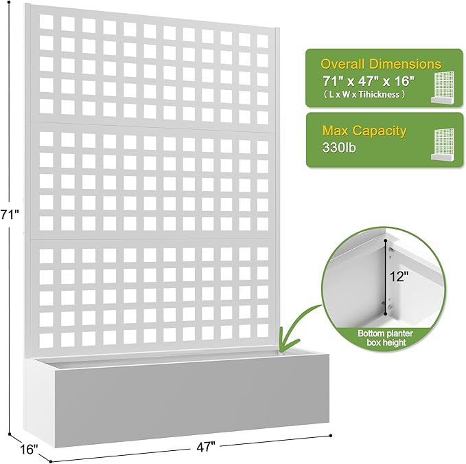 FENCY Metal Raised Garden Bed with Trellis, Metal Planter Box with Trellis, Garden Box for Climbing Plants Vegetable, 47''Lx16''Wx71''H Garden Bed with Drainage Holes(White)