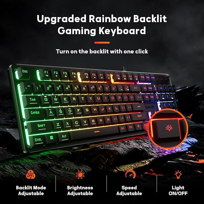 Redragon K521 Upgrade Rainbow LED Gaming Keyboard, 104 Keys Wired Mechanical Feeling Keyboard with Multimedia Keys, One-Touch Backlit, Anti-Ghosting, Compatible with PC, Mac, PS4/5, Xbox