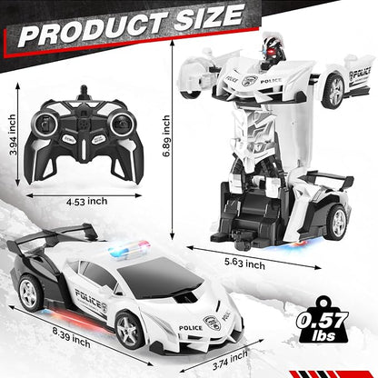 2.4G Remote Control Transformer Car, Rechargeable RC Police Car Toy with Flashing Lights, Convertible Robot & Vehicle, Gift for Kids,Police Transformer Cars for Boys 4 5 6 7 8 9 10 11 12 (Black/White)