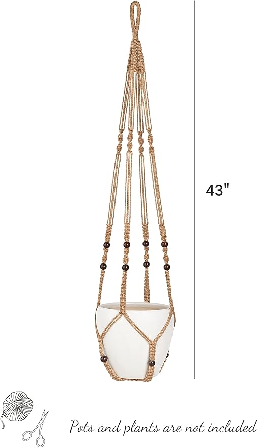Mkono 43 Inch Macrame Plant Hanger Large for up to 12 Inch Pot Extra Long Hanging Plant Holder No Tassels Hanging Planter Basket with Wood Beads for Indoor Outdoor Home Decor, Brown