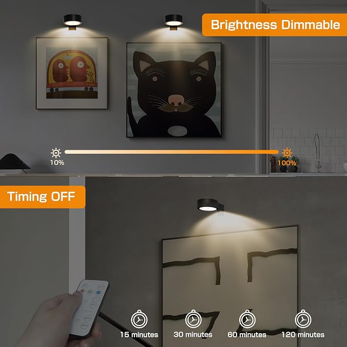 2-Pack Picture Light for Paintings Battery Operated Art Light with Remotes,3 Lighting Display Light,Magnetic Dimmable and Timer Wall Light for Picture Artworking Frame Portrait,LED Puck Lights-Black