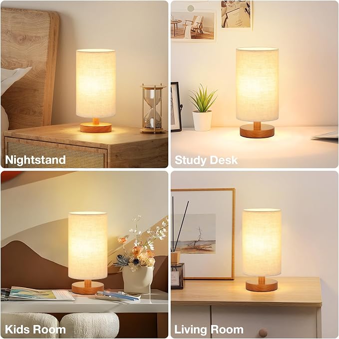 Fenmzee Small Table Lamps (Beige Shade - Walnut Base, 9" Inline Control) | 3000K LED Blub Included | 680 Lumens | Easy Assembly | Minimalist Design | E26 | for Kitchen | for Kids Room
