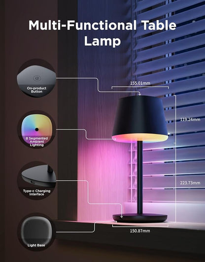 Govee Smart Cordless Table Lamp Classic (No Adapter), RGBIC Desk Lamp | Rechargeable Table Lamp for Bedroom, Living Room, Portable Lamp Works with Matter, Bedside Lamp with 72 Scenes Modes, 500lm