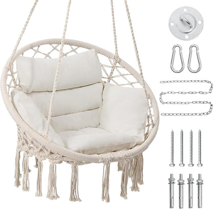 Macrame Hammock Hanging Swinging Chair with Medium Cushion, Perfect for Bedroom, Porch, Adults, Balcony, Beige