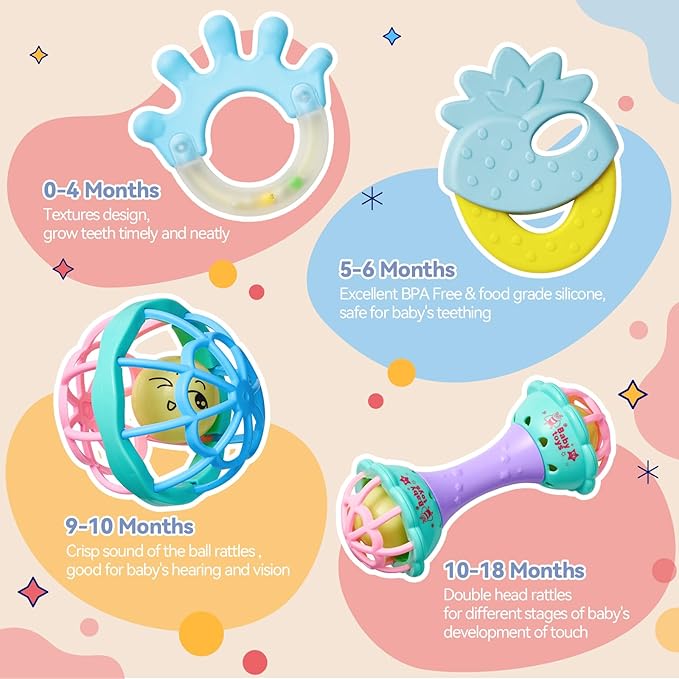 15PCS Rattles for Babies 0-6 Months - BPA-Free Baby Rattles 0-3, 6-12 Months for Newborn Soft Teething Toys Infant Toys with Wrist & Ankle Rattles, Baby Gift Set with Box for Hand-Eye Coordination