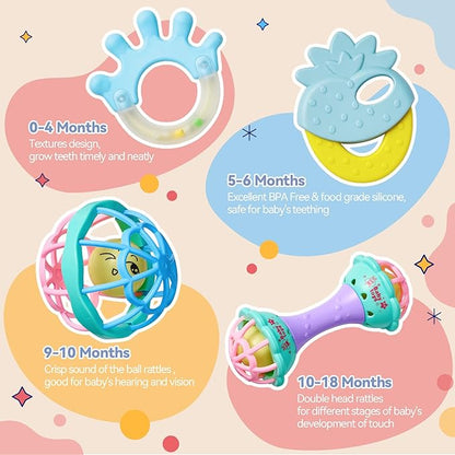 15PCS Rattles for Babies 0-6 Months - BPA-Free Baby Rattles 0-3, 6-12 Months for Newborn Soft Teething Toys Infant Toys with Wrist & Ankle Rattles, Baby Gift Set with Box for Hand-Eye Coordination