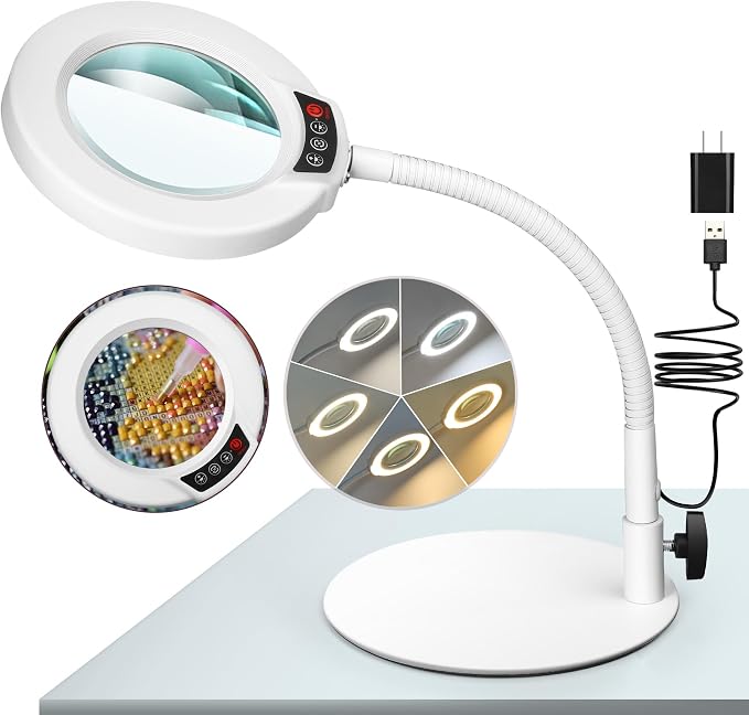 10X Magnifying Glass with Light and Stand, 5 Color Modes Stepless Dimmable LED Lighted Desk Lamp, Hands Free Flexible Gooseneck Magnifier with Light for Craft Hobby Painting Close Work - White