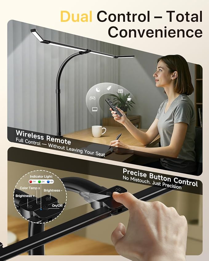 ONEMIX 42-Inch LED Desk Lamp for Dual Monitors with Clamp and Remote | 4 Adjustable Panels for Focused or Wide-Area Light, 1800LM, Flexible Gooseneck, 5 Color Temps, 5 Brightness Levels, Timer