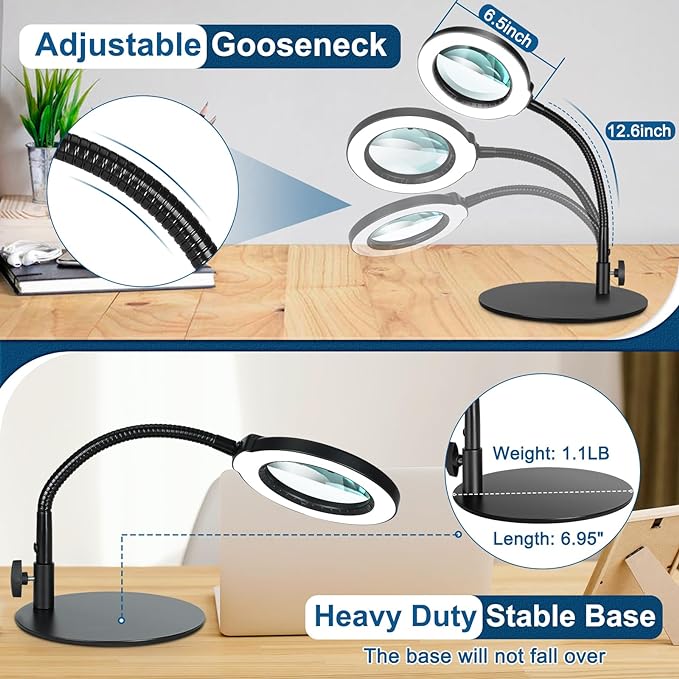 10X Magnifying Glass with Light, Flexible Gooseneck Lighted Magnifier with Stand, 5 Color Modes Stepless Dimmable LED Desk Lamp Hands Free for Crafts Painting Sewing Jewelry Reading Close Work