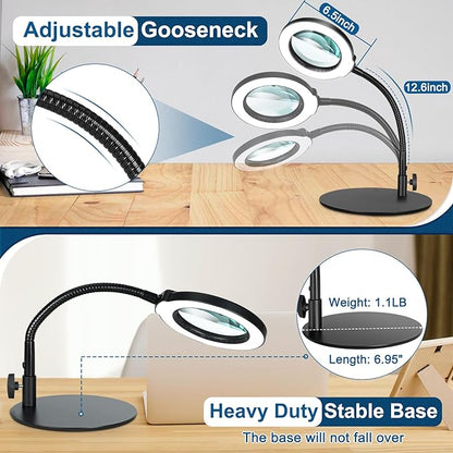 10X Magnifying Glass with Light, Flexible Gooseneck Lighted Magnifier with Stand, 5 Color Modes Stepless Dimmable LED Desk Lamp Hands Free for Crafts Painting Sewing Jewelry Reading Close Work