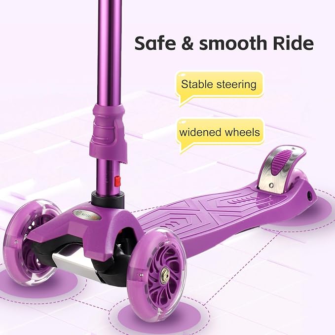 3 Wheel Scooter for Kids Ages 6-12,Kids Scooter with Light Up Wheels, Sturdy Deck Design, and 4 Height Adjustable Suitable for Kid Ages 3-12