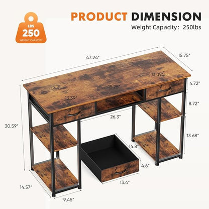 47 Inch Computer Desk with 2 Drawers, Home Office Desk with Wooden Shelves, Study Writing PC Table for Small Spaces, Bedroom, Dorm or Living Room, Rust