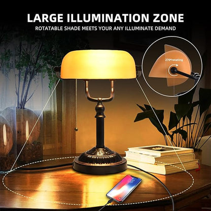 Rustic Desk Lamp Pull Chain, Traditional Bankers Desk Lamp with USB Port, Vintage Farmhouse Table Lamp for home office library
