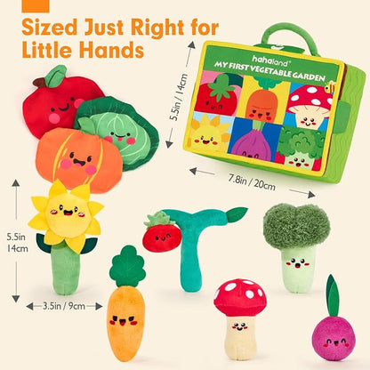 hahaland Baby Toys 6-12 Months - Fruits Vegetables Garden Plant Farm Plush | 6 Month Old Montessori Sensory Toys Carrot Flower with Rattles Mirror Squeaker Crinkle Tissues, 9 Month Old Gifts for Babies