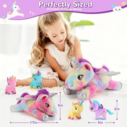 gnomantic Unicorn Stuffed Animals with Babies Inside, Mommy Toy for Kids | 5-Piece set: 1 mommy unicorn + 4 baby unicorns inside. Unzip belly to reveal surprise babies. Ultra-soft, ages 3-8.