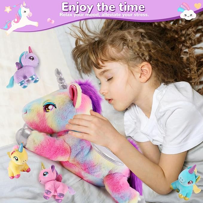 gnomantic Unicorn Stuffed Animals with Babies Inside, Mommy Toy for Kids | 5-Piece set: 1 mommy unicorn + 4 baby unicorns inside. Unzip belly to reveal surprise babies. Ultra-soft, ages 3-8.