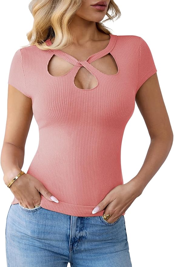 Pink Queen Sexy Tops for Women Cutout Keyhole Neck Cap Sleeve Shirts Casual Summer Clothes 2026 Fashion