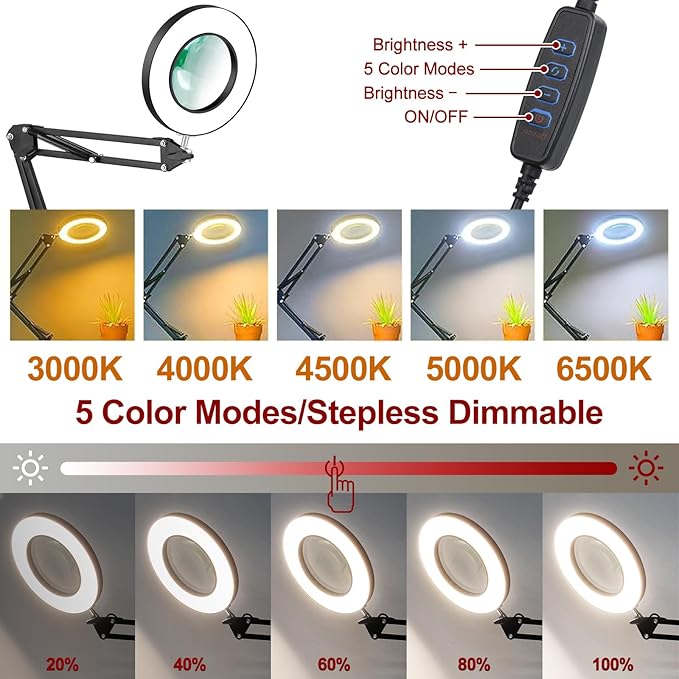 12X Magnifying Glass with Light and Stand,5 Inches 2-in-1 Lighted Magnifier with Clamp 5 Color Modes LED Desk Lamp,Hands Free for Craft Hobby Reading Painting Sewing Close Work (5 Inches)