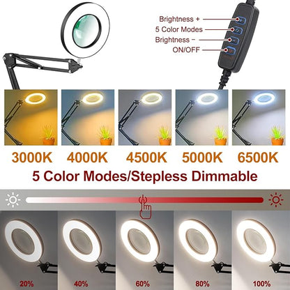 12X Magnifying Glass with Light and Stand,5 Inches 2-in-1 Lighted Magnifier with Clamp 5 Color Modes LED Desk Lamp,Hands Free for Craft Hobby Reading Painting Sewing Close Work (5 Inches)