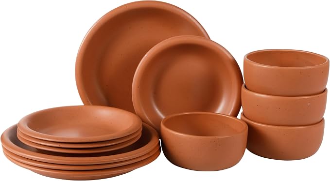 Bloomhouse - Two Time Oprah's Favorite Things Winner - Corsica Clay 12-Piece Stoneware Rustic Reactive Glaze Dinnerware Set - Stackable Plates Bowls Set Service for 4 - Matte Burnt Apricot Terracotta