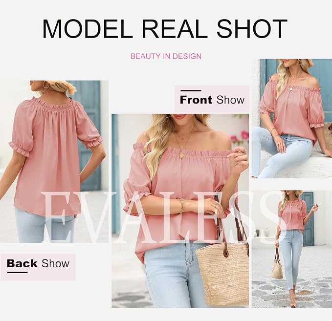 EVALESS Womens Tops Off The Shoulder Blouses for Women Dressy Casual Cute Puff Sleeve T Shirts Fashion 2026