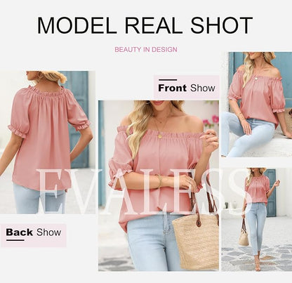 EVALESS Womens Tops Off The Shoulder Blouses for Women Dressy Casual Cute Puff Sleeve T Shirts Fashion 2026