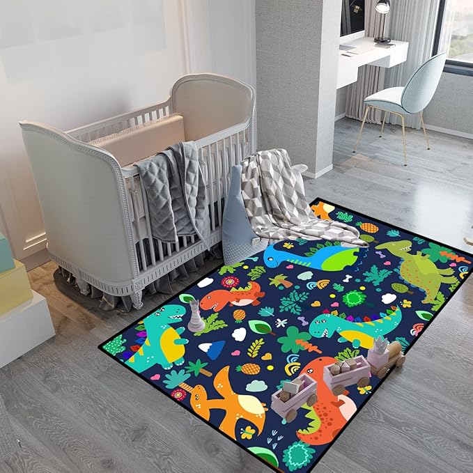 Dinosaur Rugs for Boys Bedroom Cute Dinosaur Area Rug and Leaves Print Dinosaur Rug Kids Rug Play Rug Dinosaur Carpets Cartoon Rug for Playroom Classroom,Blue 3'×4'