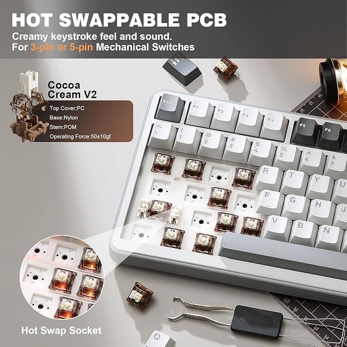 YUNZII B75 PRO 75% Wireless Mechanical Keyboard (Grey, Cocoa Cream V2) | Hot Swap Keyboard with Knob, Gasket Mount, Creamy Pre-lubed Switch for Smooth Typing, BT/USB-C/2.4G, for Gaming