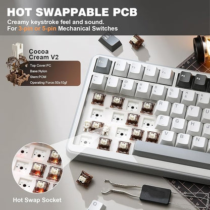 YUNZII B75 PRO 75% Wireless Mechanical Keyboard (Grey, Cocoa Cream V2) | Hot Swap Keyboard with Knob, Gasket Mount, Creamy Pre-lubed Switch for Smooth Typing, BT/USB-C/2.4G, for Gaming