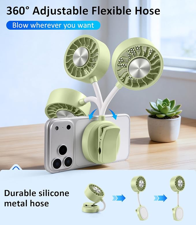 Magnetic Phone Fan with Ice Cooling, 3-in-1 Clip on Fan & Phone Stand, Rechargeable Mini Handheld Fan, 360° Flexible Gooseneck Portable Fan for Cruise Travel Desk Gym Makeup（Green）