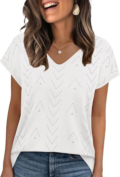 WIHOLL Short Sleeve Sweater for Women V Neck Trendy Cute Tops Business Casual Outfits Cap Sleeve