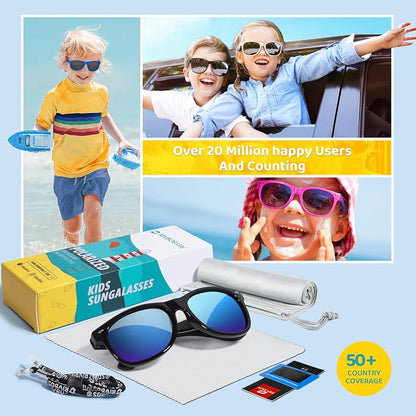 RIVBOS Kids Sunglasses Polarized UV Protection Flexible Rubber Glasses Shades with Strap for Boys Girls RBK004