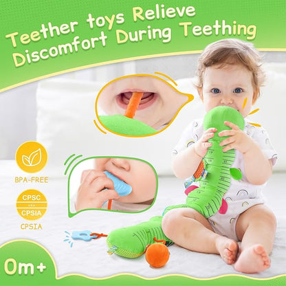 Baby Sensory Musical Caterpillar Plush Toy, Soft Stuffed Animal with Mirror Crinkle Paper Rattle Teether, Tummy Time Play Toy for 0-12 Months Newborn Infant, Baby Shower Gift for Boys Girls, Green